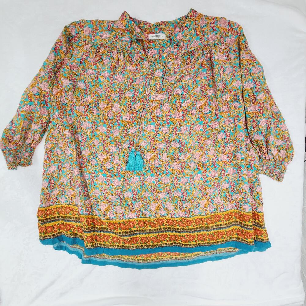 Natural Life Dara V-Neck Mini Dress Turquoise Orange Border Bohemian Large